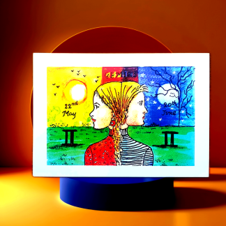 The gemini personality can be summed up as being 2 different people at one time, showing in the card illustration.