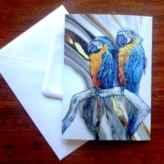 Amusing animals card 'Parrots on Marble'7x5" blank art card.